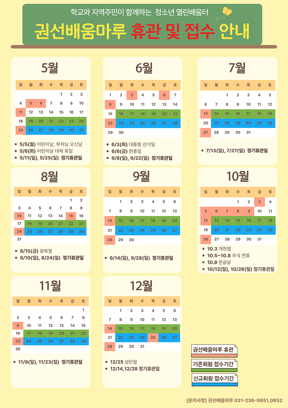 2025년 권선배움마루 휴관 및 재등록, 신규접수 일정 안내